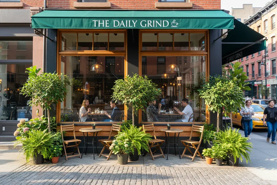 Terraza de la cafetería con mesas y plantas